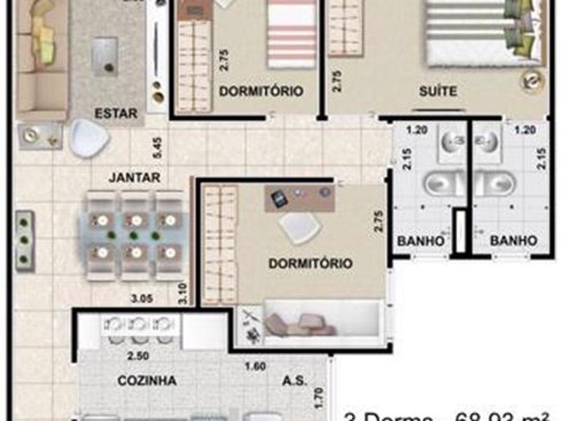 Ilustração artística - 3 Dorms - 68,93 m²